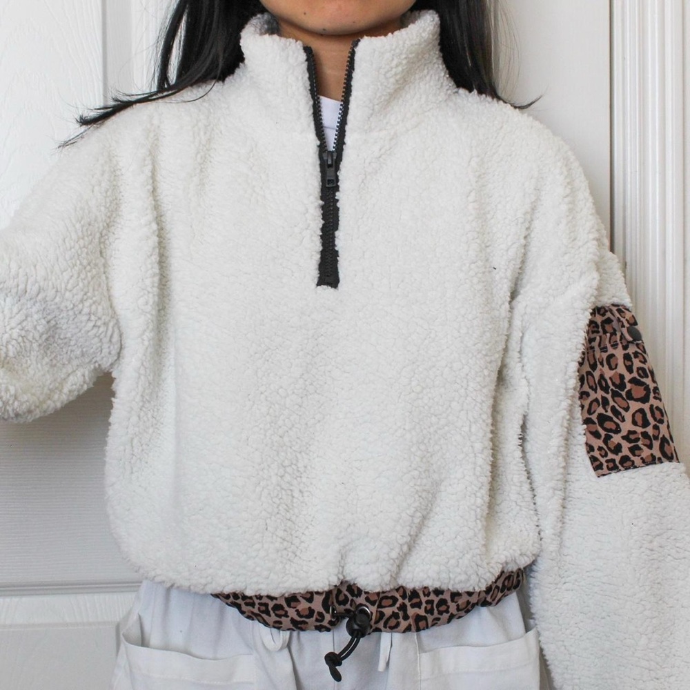 White Sherpa Pullover with Leopard Accents